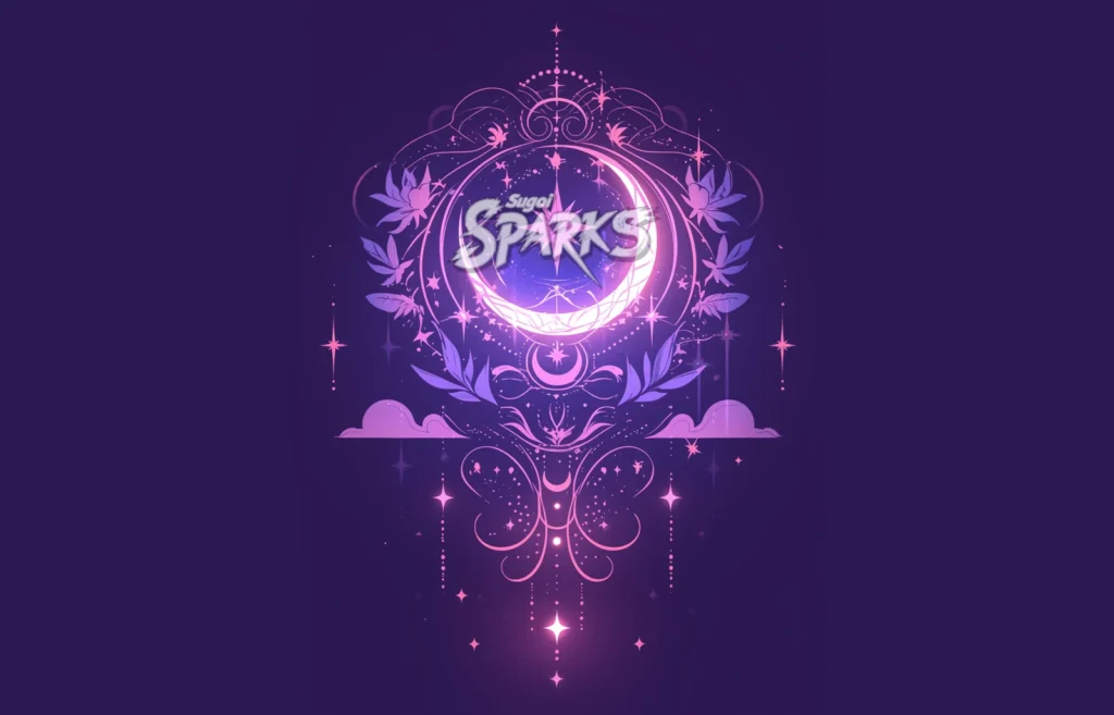 Glowing crescent moon surrounded by magical pink and purple fantasy artwork