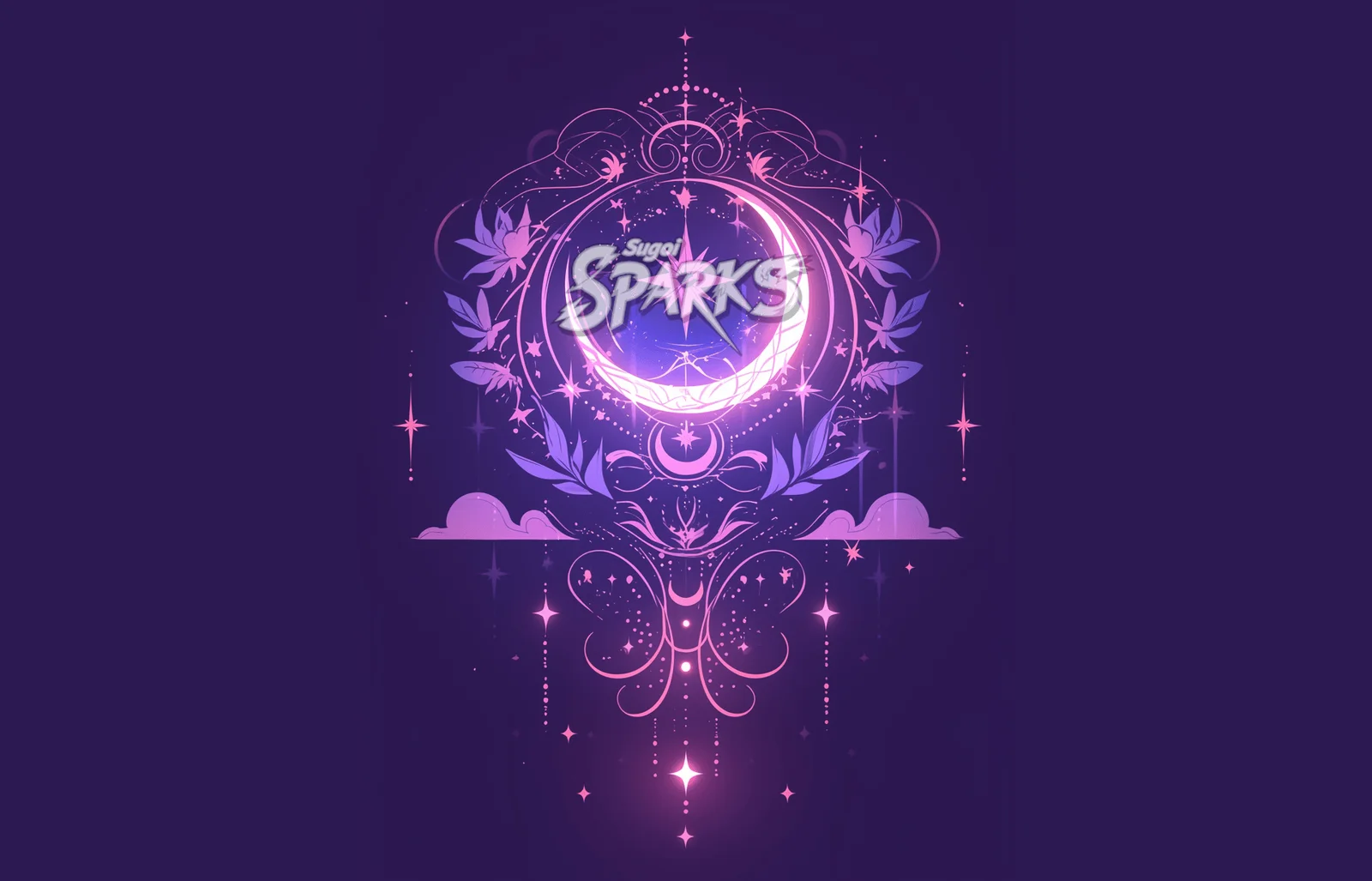 Glowing crescent moon surrounded by magical pink and purple fantasy artwork