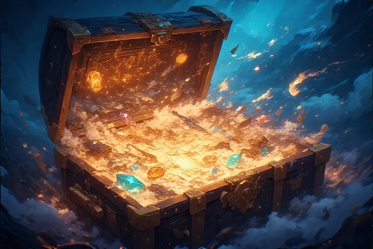 Fantasy anime treasure chest artwork with glowing magical effects
