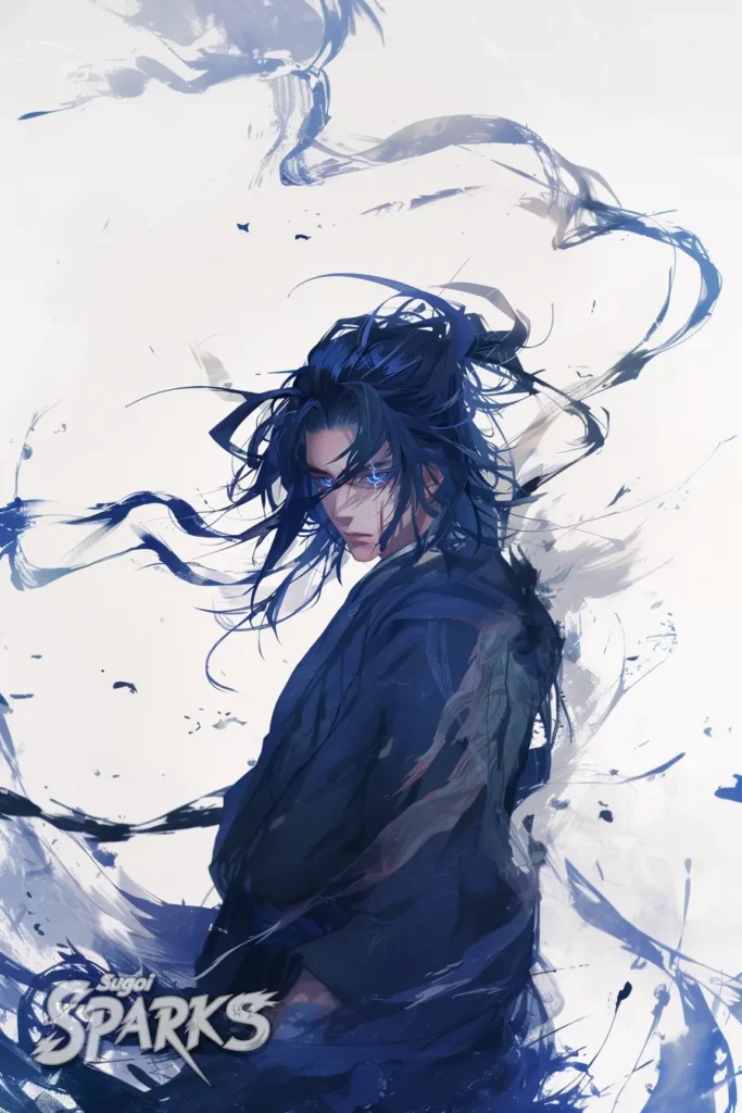 Anime ronin warrior with glowing blue eyes surrounded by flowing ink-style energy