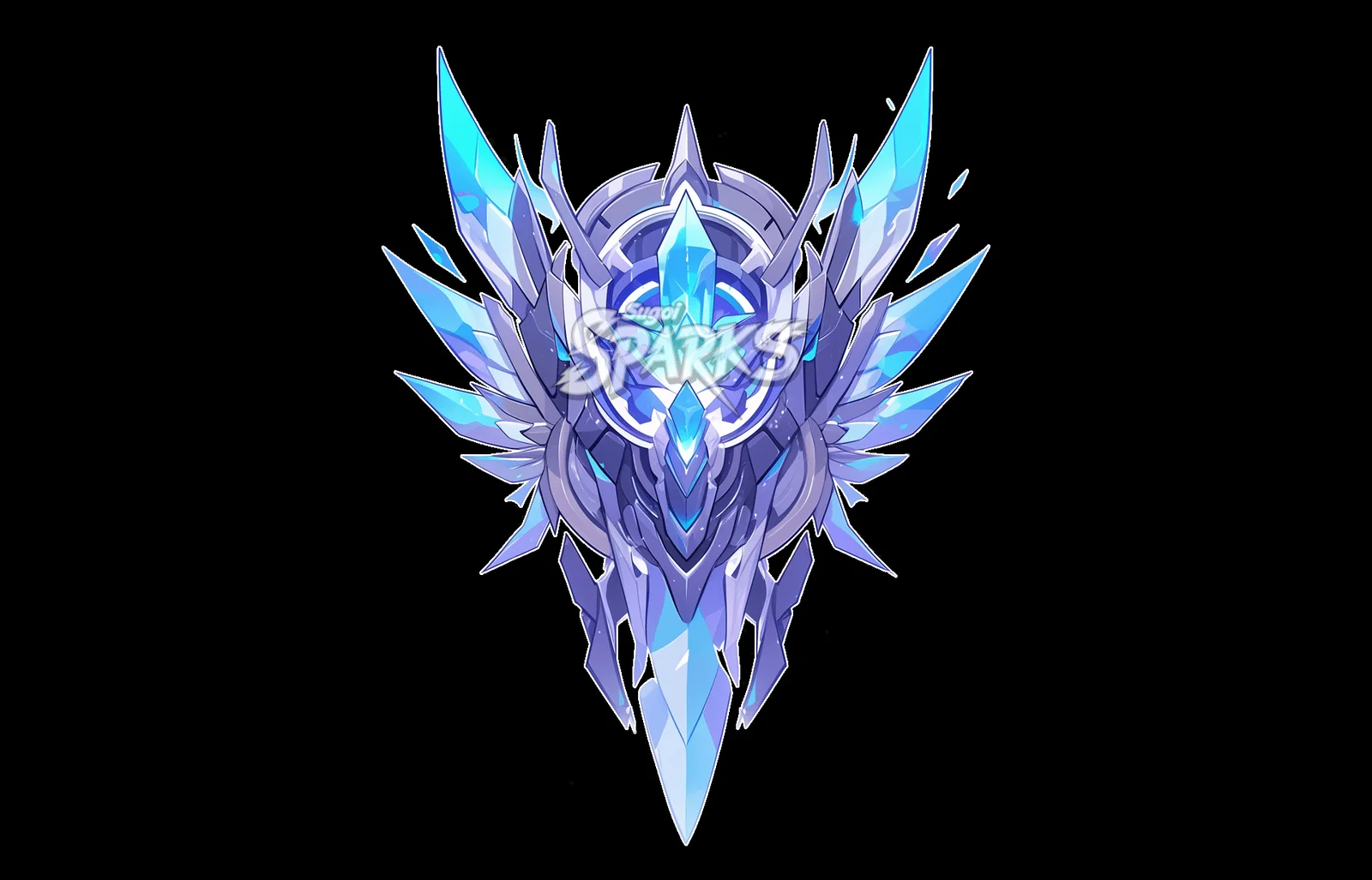 Blue crystal fantasy combat emblem with sharp glowing armour details