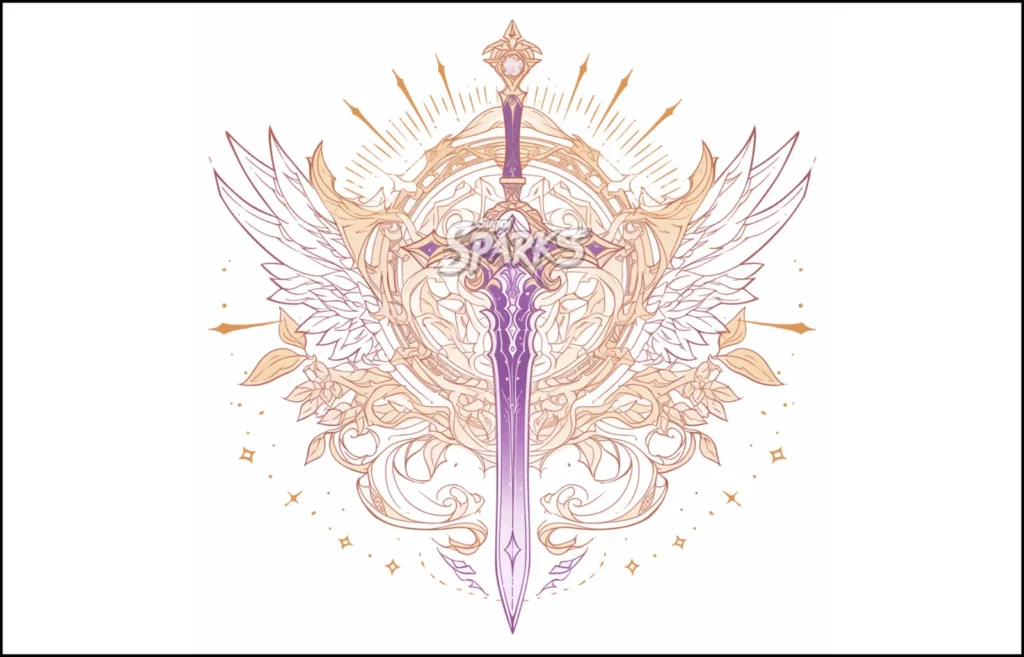 Elegant fantasy sword with angelic wings and ornate decorative artwork